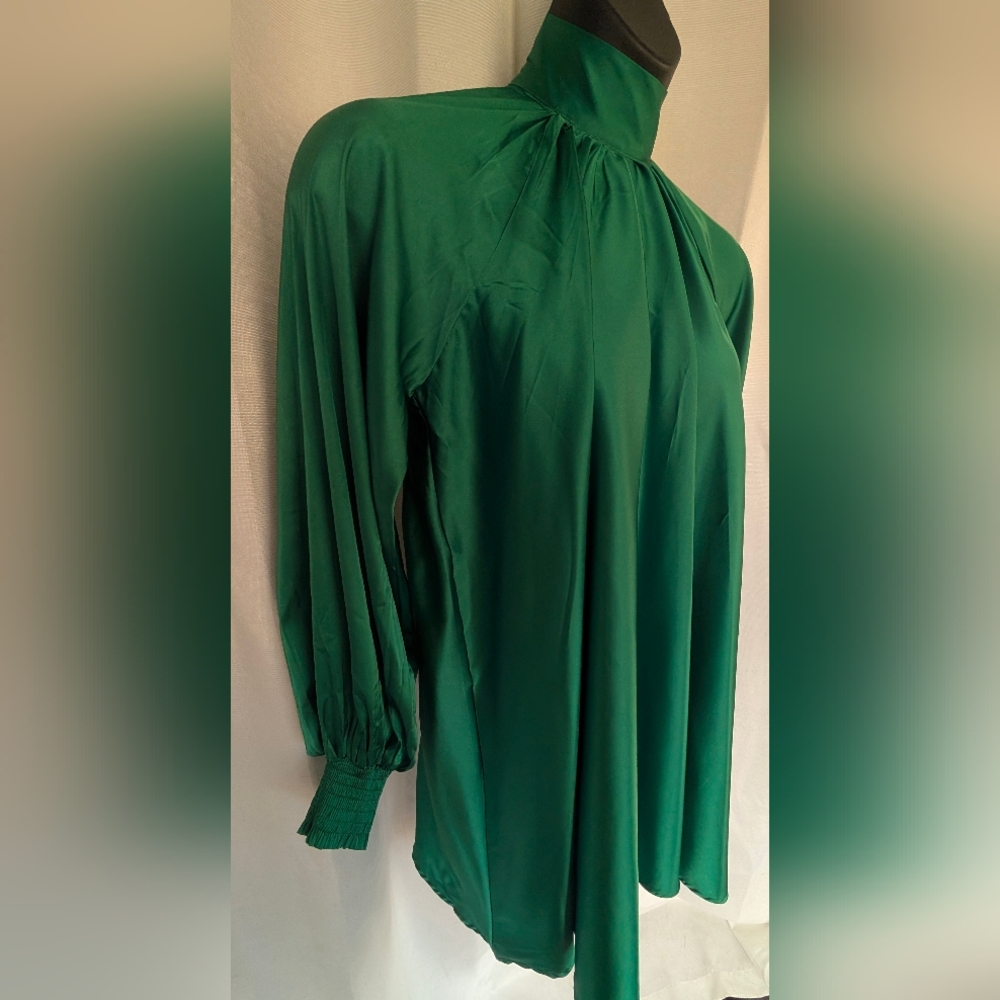 Emerald Green High Shine High tie neck Long Sleeve Flowing Aura Dress - Picture 10 of 16